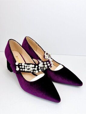 Purple Velvet Pearl Mary Jane Heels Embellished Womens Size 8
